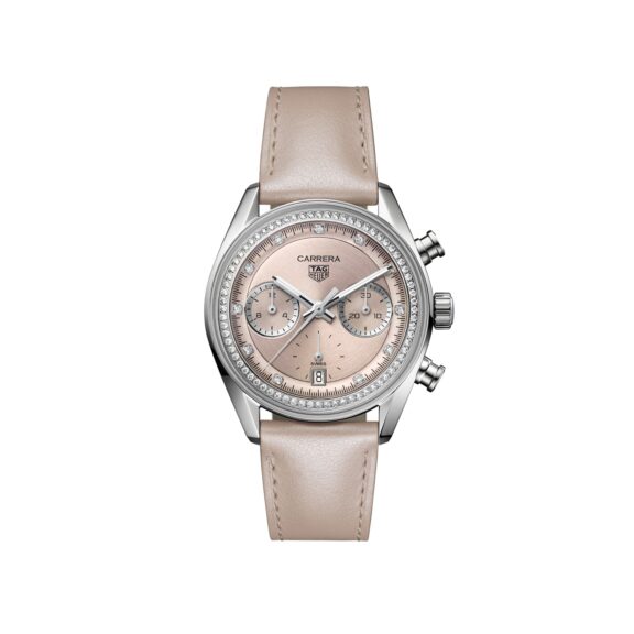 Tag Heuer Carrera Chronograph mit Edelstahlgehäuse, Lederband und rosa Zifferblatt