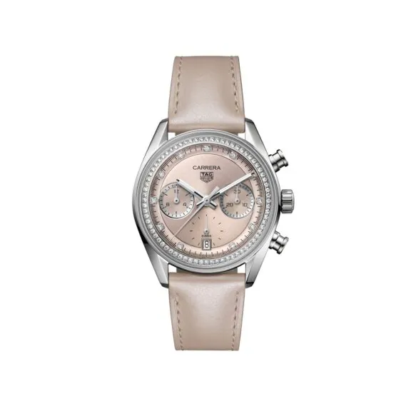 Tag Heuer Carrera Chronograph mit Edelstahlgehäuse, Lederband und rosa Zifferblatt