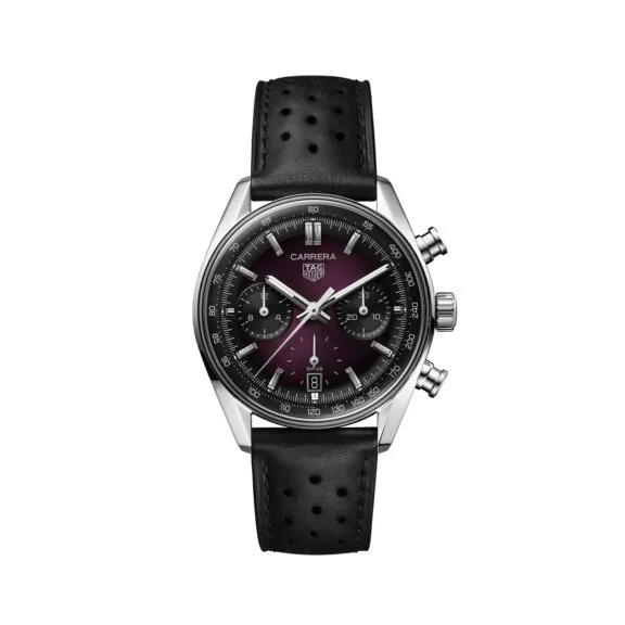 Tag Heuer Carrera Chronograph mit Edelstahlgehäuse, Lederband und violettem Zifferblatt