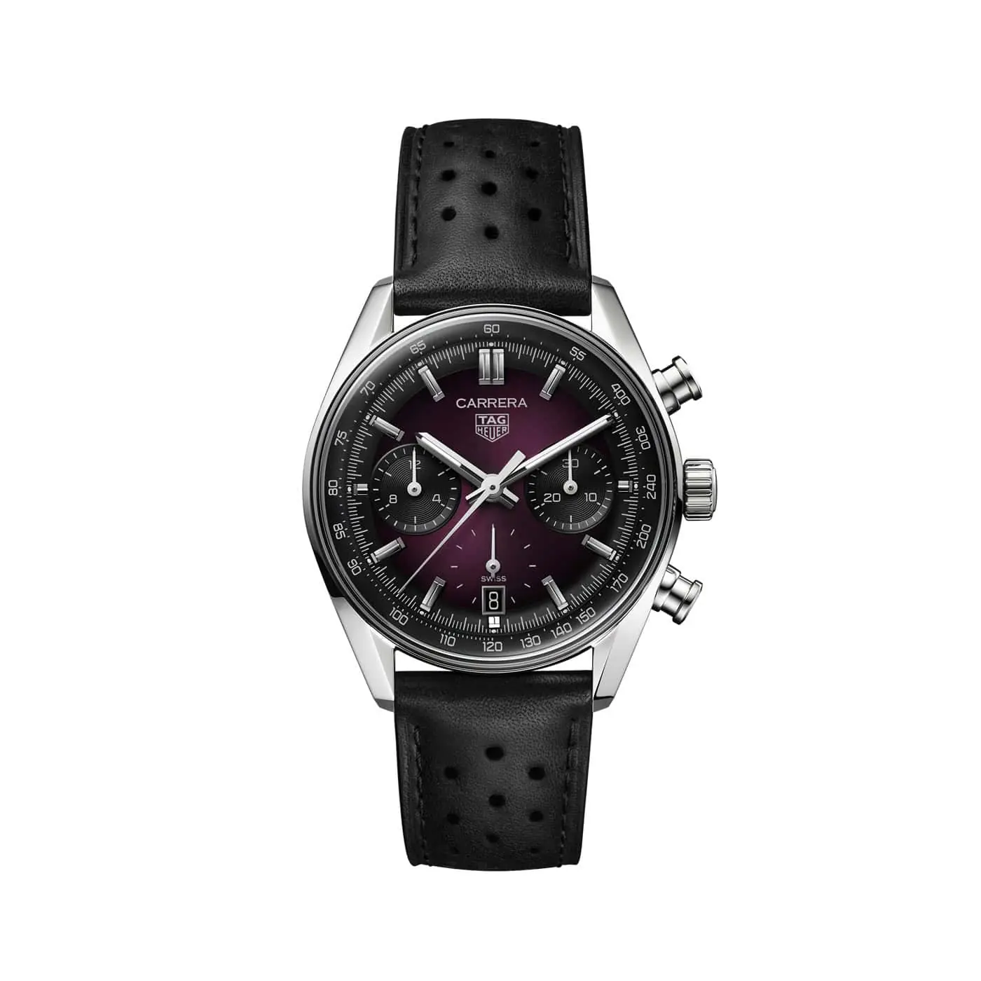 Tag Heuer Carrera Chronograph mit Edelstahlgehäuse, Lederband und violettem Zifferblatt