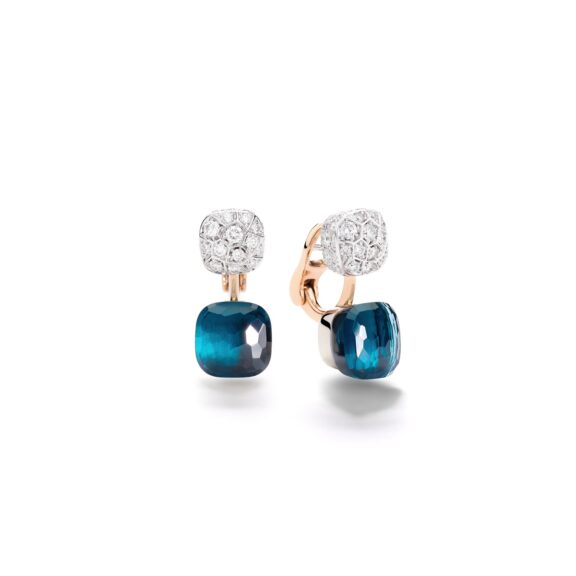 Pomellato Nudo Ohrschmuck aus Rosé- und Weißgold mit London Blue Topas und Diamanten