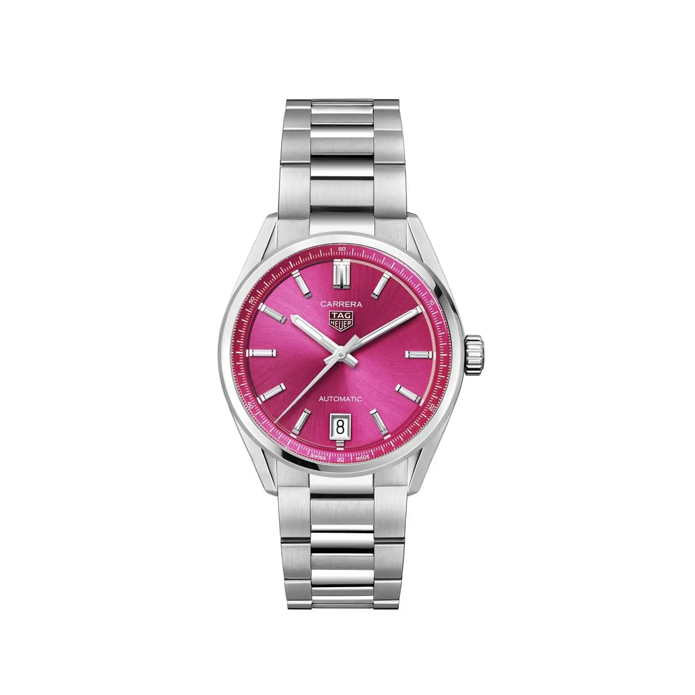 Tag Heuer Carrera Date mit Gehäuse und Band aus Edelstahl und rosa Zifferblatt