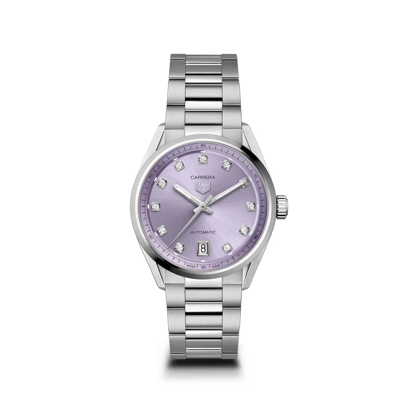 Tag Heuer Carrera Date mit Gehäuse und Band aus Edelstahl und lila Zifferblatt