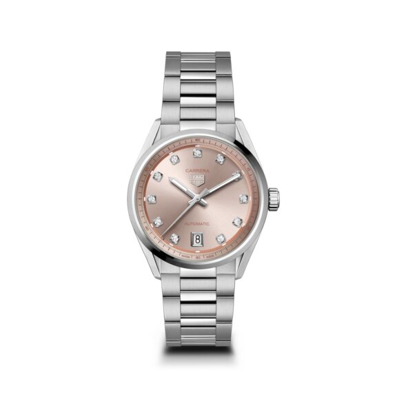 Tag Heuer Carrera Date mit Gehäuse und Band aus Edelstahl und lachsfarbenem Zifferblatt