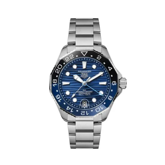 Tag Heuer Aquaracer Professional 300 GMT mit Gehäuse und Band aus Edelstahl und blauem Zifferblatt