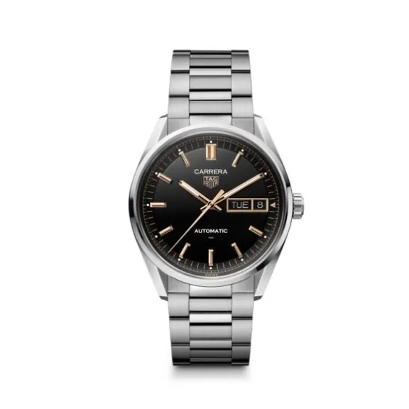 Tag Heuer Carrera Day-Date mit Gehäuse und Band aus Edelstahl und schwarzem Zifferblatt