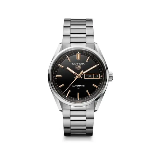 Tag Heuer Carrera Day-Date mit Gehäuse und Band aus Edelstahl und schwarzem Zifferblatt