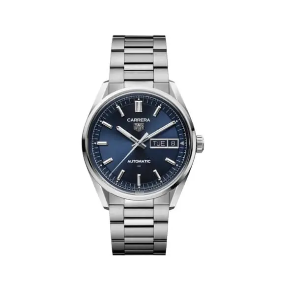 Tag Heuer Carrera Day-Date mit Gehäuse und Band aus Edelstahl und blauem Zifferblatt