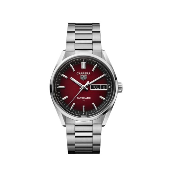Tag Heuer Carrera Day-Date mit Gehäuse und Band aus Edelstahl und rotem Zifferblatt