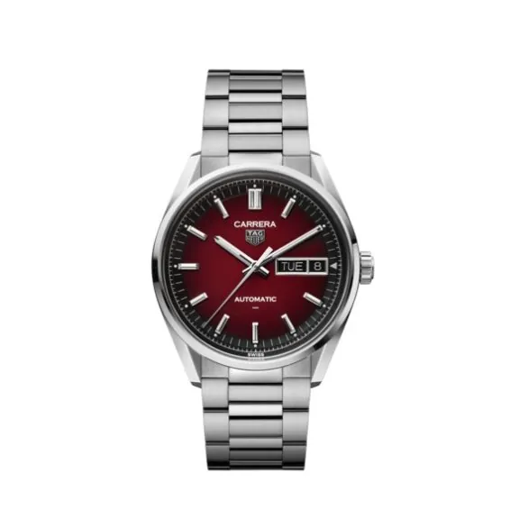 Tag Heuer Carrera Day-Date mit Gehäuse und Band aus Edelstahl und rotem Zifferblatt