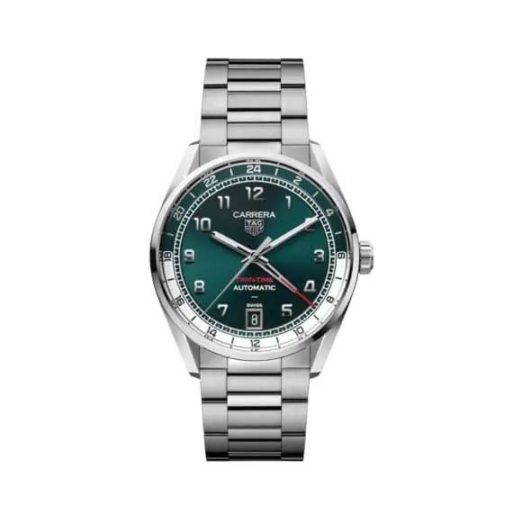 Tag Heuer Carrera Date Twin-Time mit Gehäuse und Band aus Edelstahl und grünem Zifferblatt