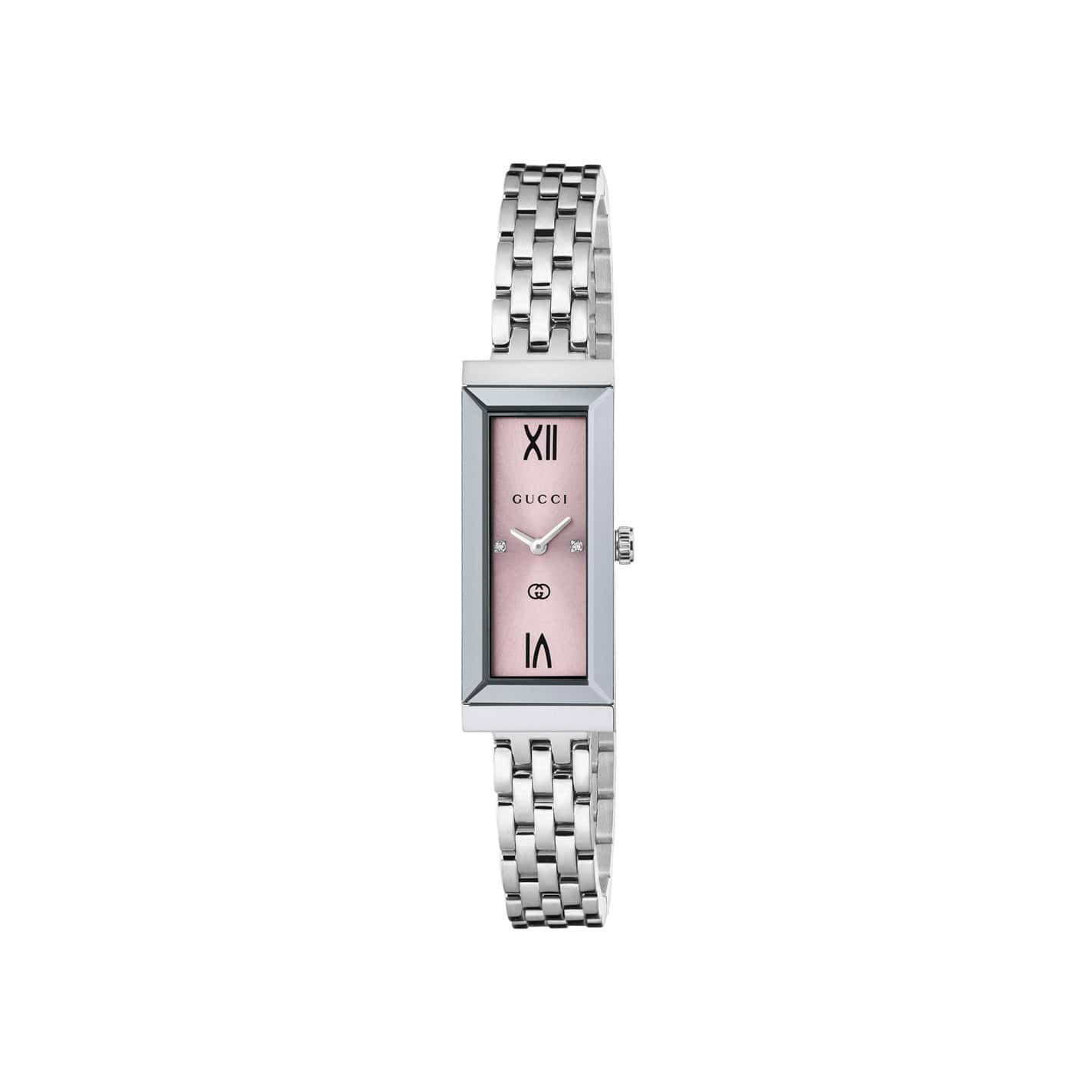 Gucci G-Frame Uhr mit Gehäuse und Band aus Edelstahl mit hellrosa Zifferblatt