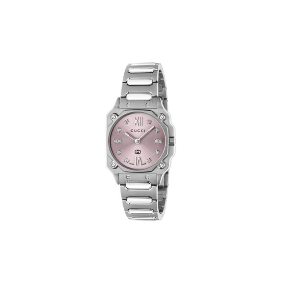 Gucci G-Flat Uhr mit Gehäuse und Band aus Edelstahl mit rosa Zifferblatt