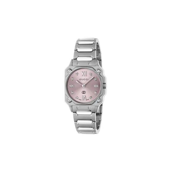 Gucci G-Flat Uhr mit Gehäuse und Band aus Edelstahl mit rosa Zifferblatt