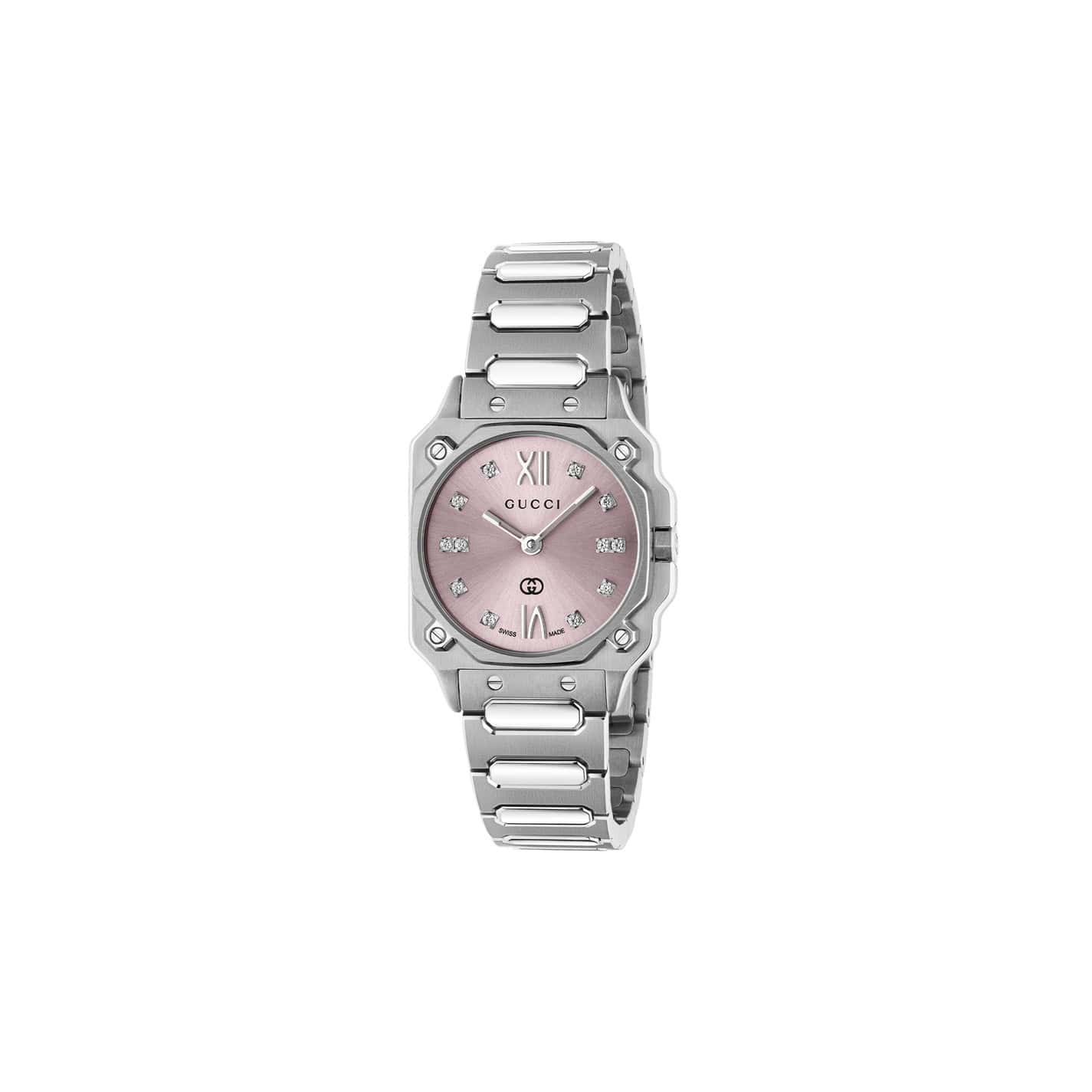 Gucci G-Flat Uhr mit Gehäuse und Band aus Edelstahl mit rosa Zifferblatt