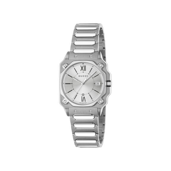 Gucci G-Flat Uhr mit Gehäuse und Band aus Edelstahl mit silbernem Zifferblatt