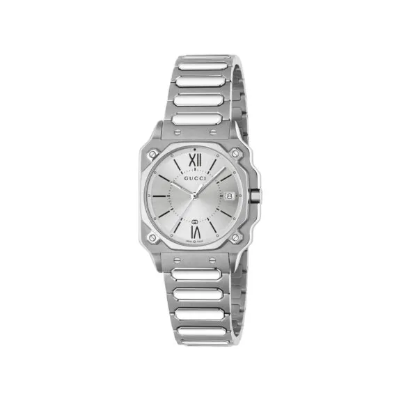 Gucci G-Flat Uhr mit Gehäuse und Band aus Edelstahl mit silbernem Zifferblatt