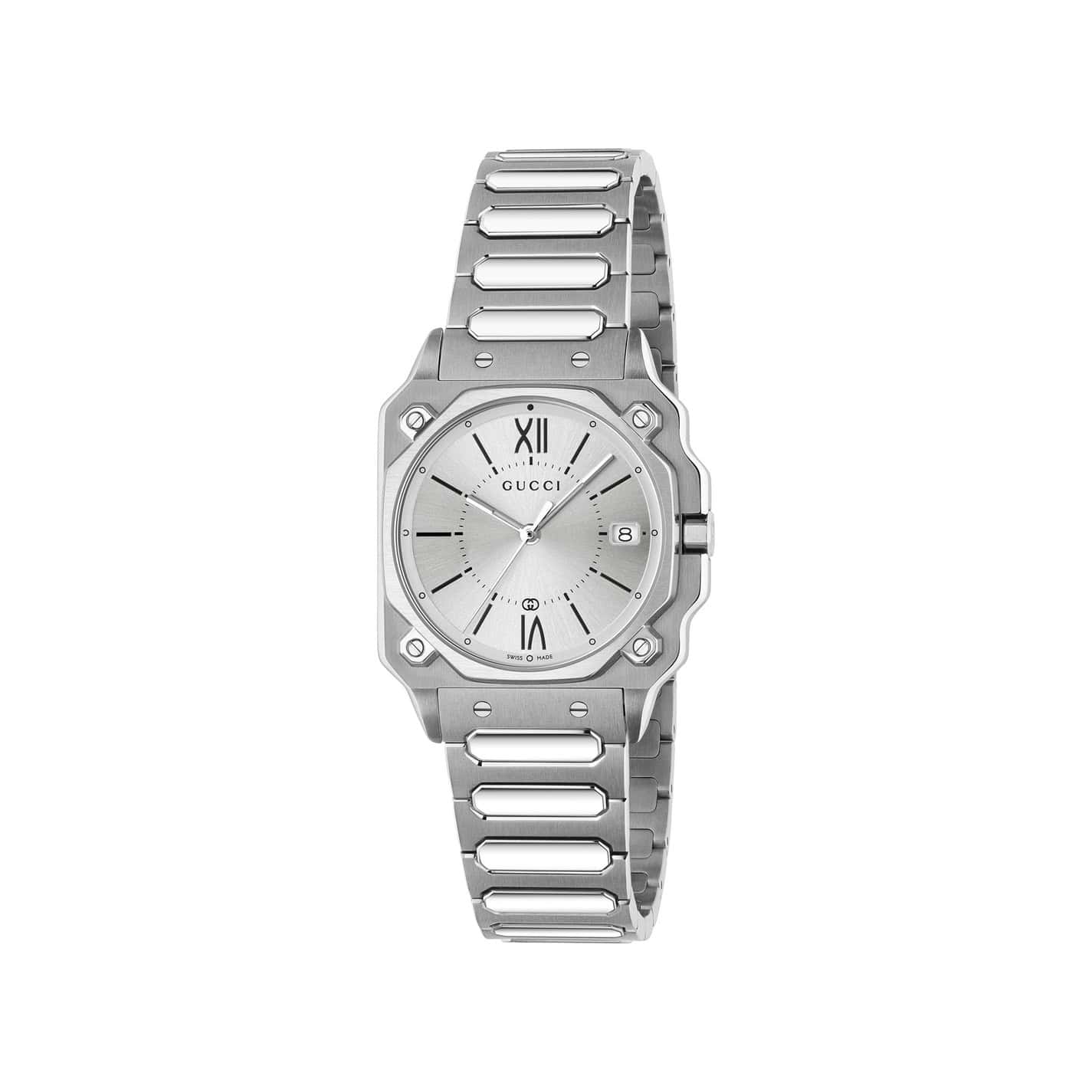 Gucci G-Flat Uhr mit Gehäuse und Band aus Edelstahl mit silbernem Zifferblatt