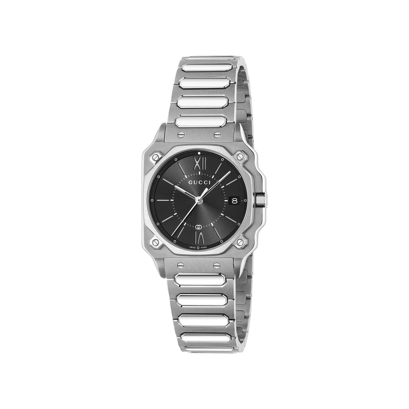 Gucci G-Flat Uhr mit Gehäuse und Band aus Edelstahl mit schwarzem Zifferblatt