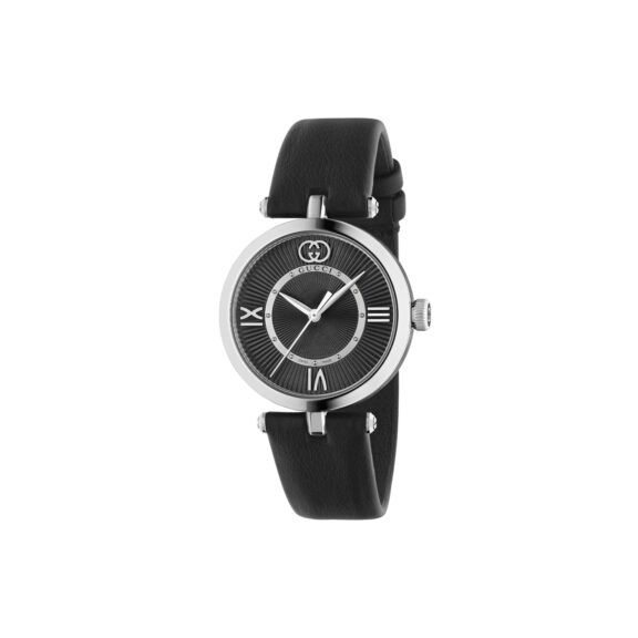 Gucci Modell 2000 Uhr mit Edelstahlgehäuse und Lederband mit schwarzem Zifferblatt
