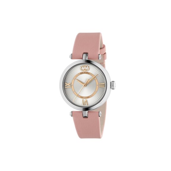 Gucci Modell 2000 Uhr mit Edelstahlgehäuse und Lederband mit rosa-silbernem Zifferblatt