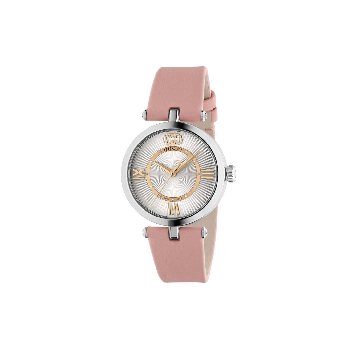 Gucci Modell 2000 Uhr mit Edelstahlgehäuse und Lederband mit rosa-silbernem Zifferblatt