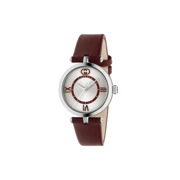 Gucci Modell 2000 Uhr mit Edelstahlgehäuse und Lederband mit rot-silbernem Zifferblatt