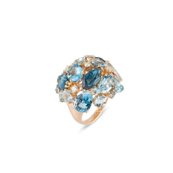 Iris Ring aus 18 Karat Roségold mit londonblue Topas, blauem Topas, london Topas, Skytopas und Diamanten