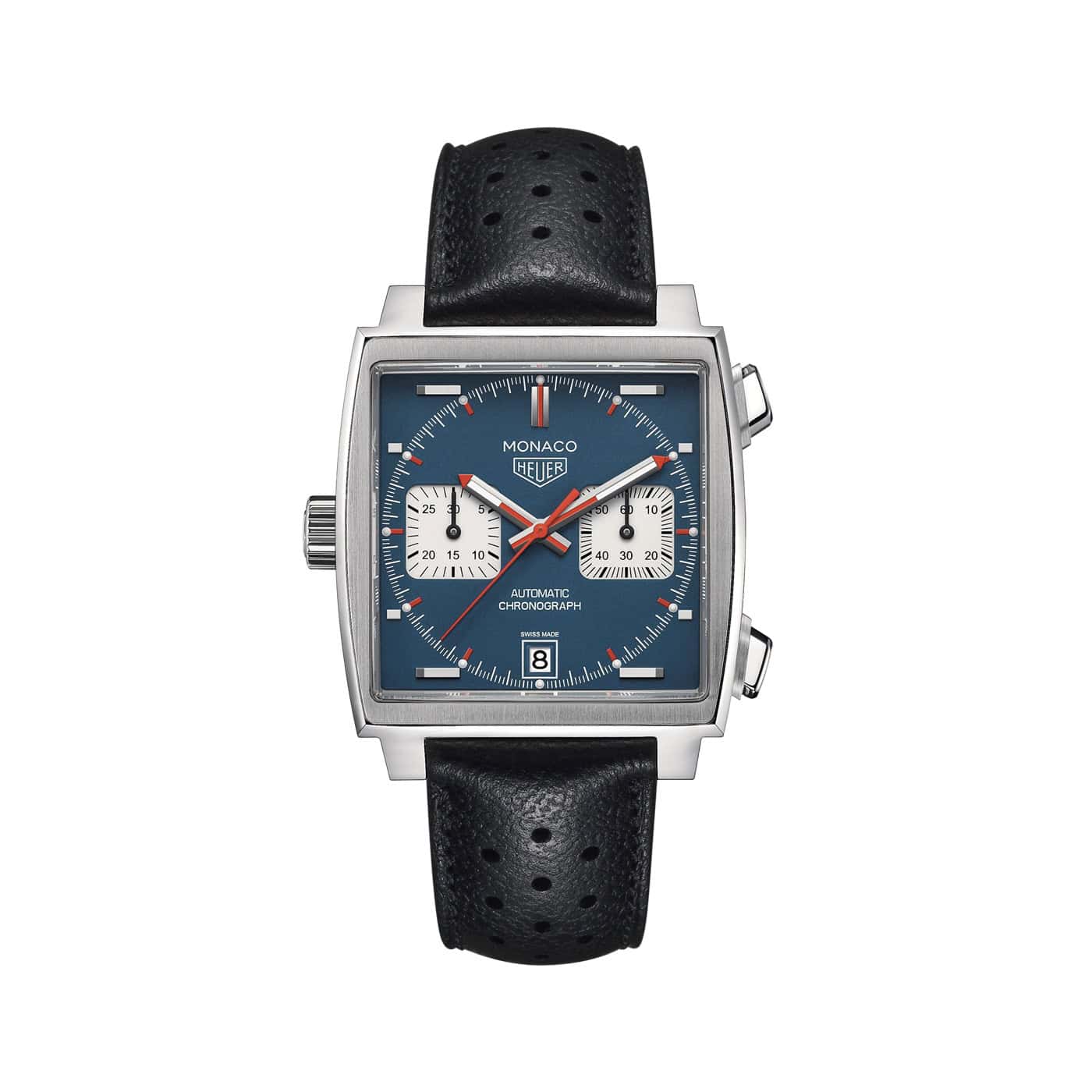 Tag Heuer Monaco Chronograph mit Edelstahlgehäuse, gelochtem Lederband und blauem Zifferblatt