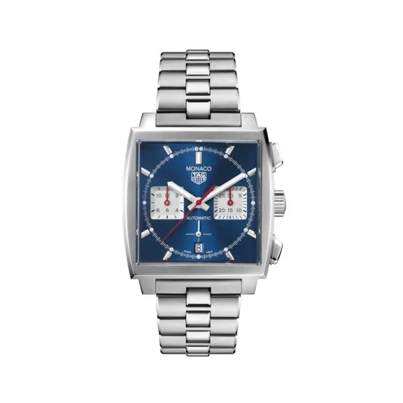 Tag Heuer Monaco Chronograph mit Gehäuse und Band aus Edelstahl und blauem Zifferblatt