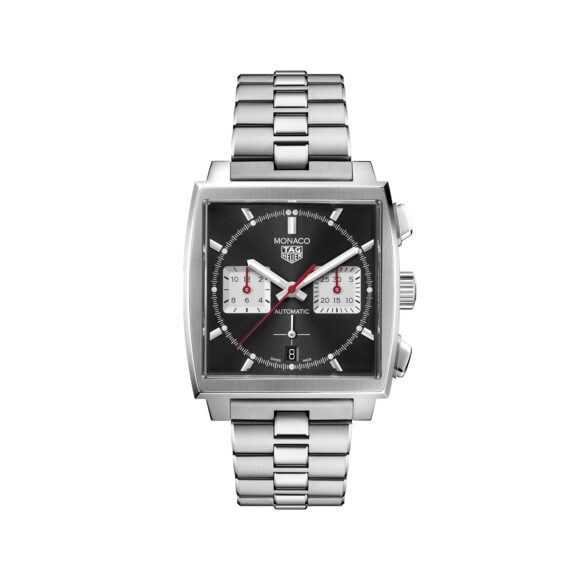 Tag Heuer Monaco Chronograph mit Gehäuse und Band aus Edelstahl und schwarzem Zifferblatt