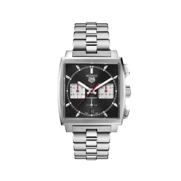 Tag Heuer Monaco Chronograph mit Gehäuse und Band aus Edelstahl und schwarzem Zifferblatt