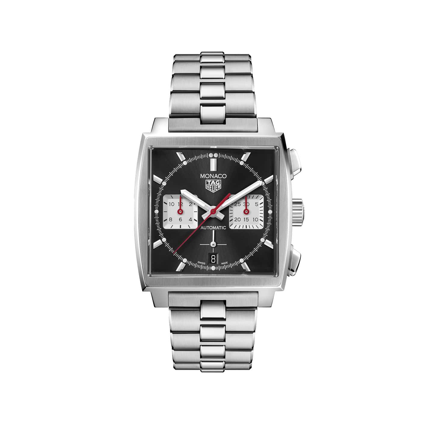 Tag Heuer Monaco Chronograph mit Gehäuse und Band aus Edelstahl und schwarzem Zifferblatt