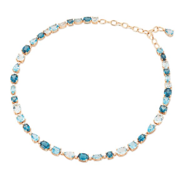 Iris Collier aus 18 Karat Roségold mit blauem Topas, London Topas, Sky Topas und Diamanten