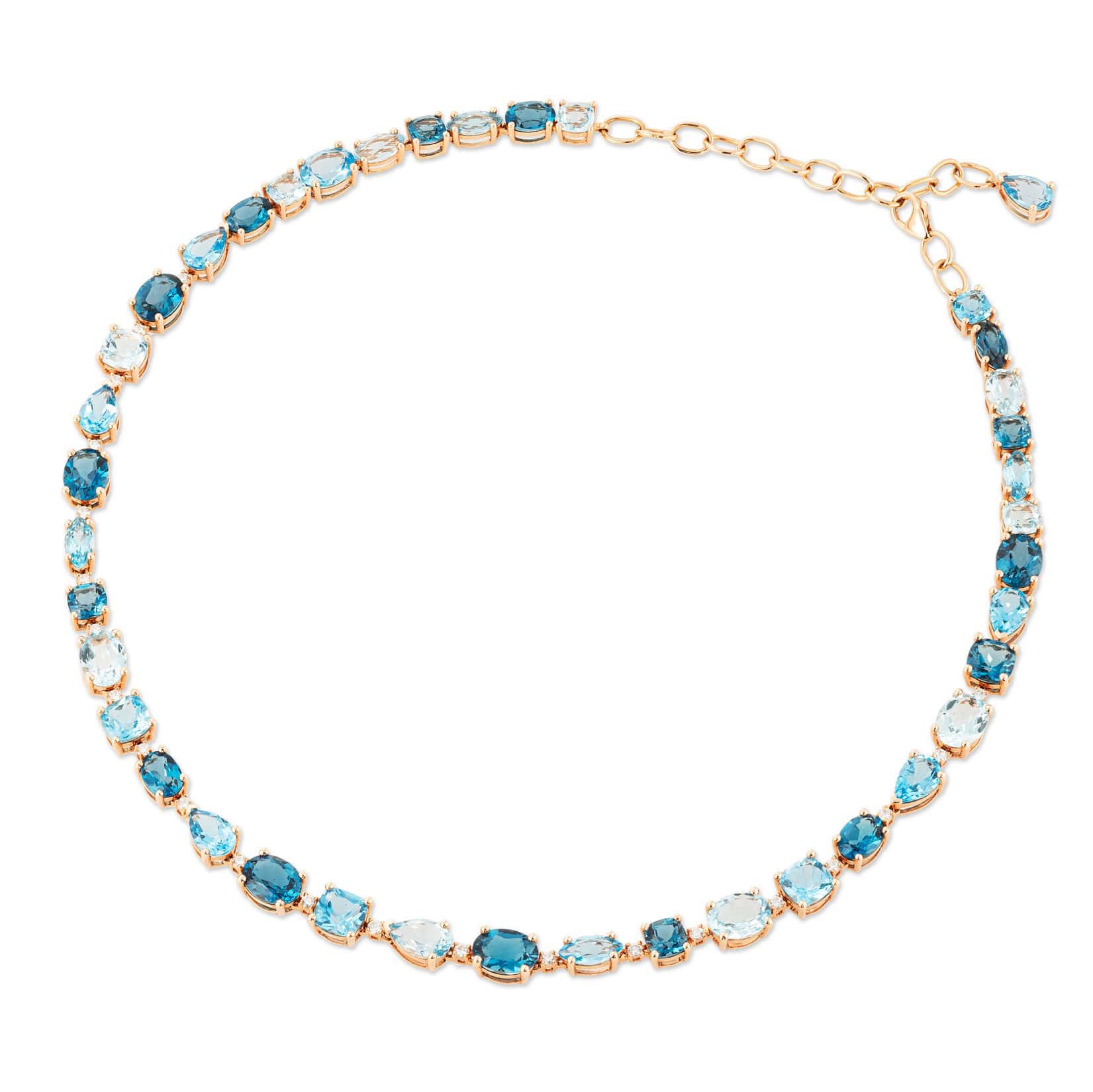 Iris Collier aus 18 Karat Roségold mit blauem Topas, London Topas, Sky Topas und Diamanten