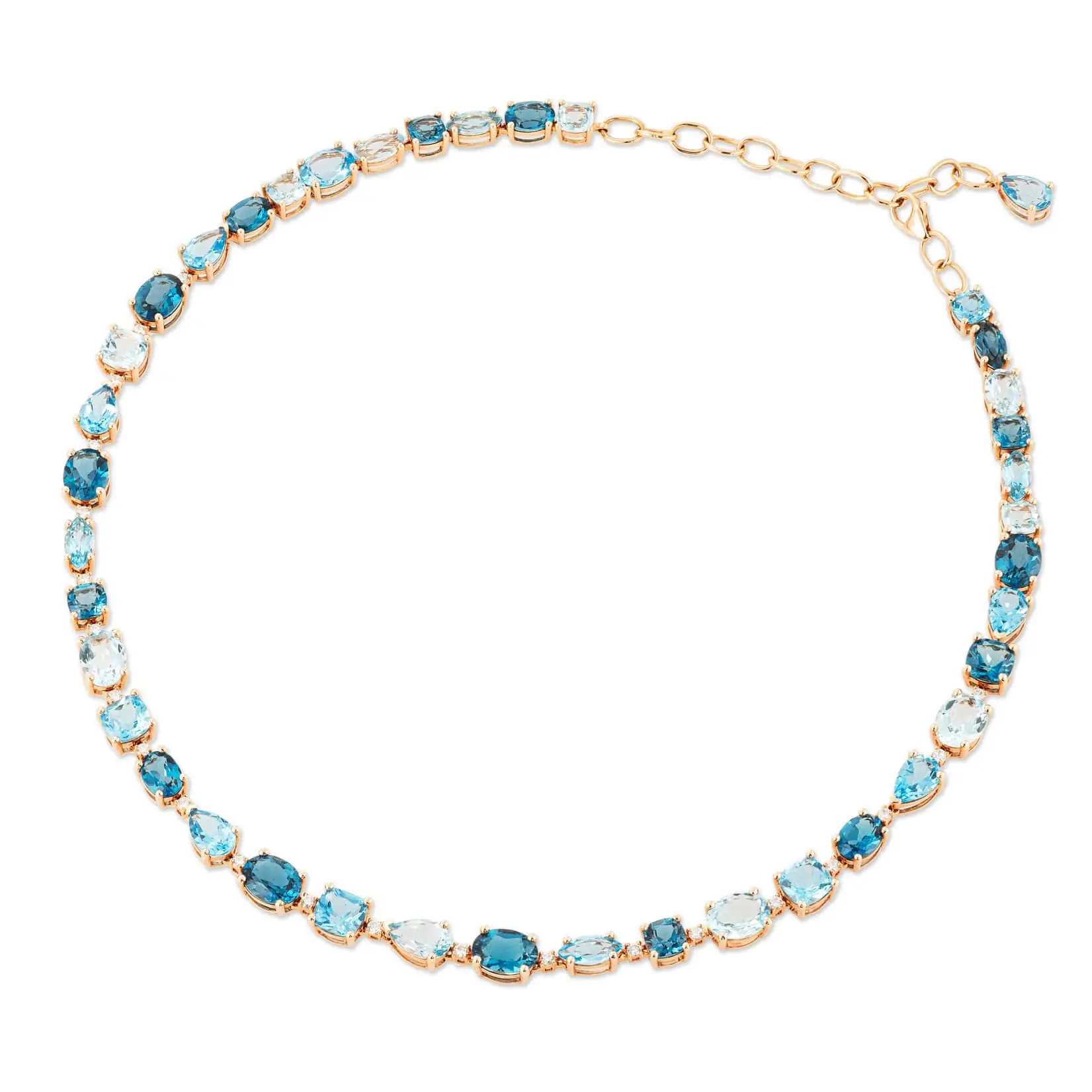 Iris Collier aus 18 Karat Roségold mit blauem Topas, London Topas, Sky Topas und Diamanten
