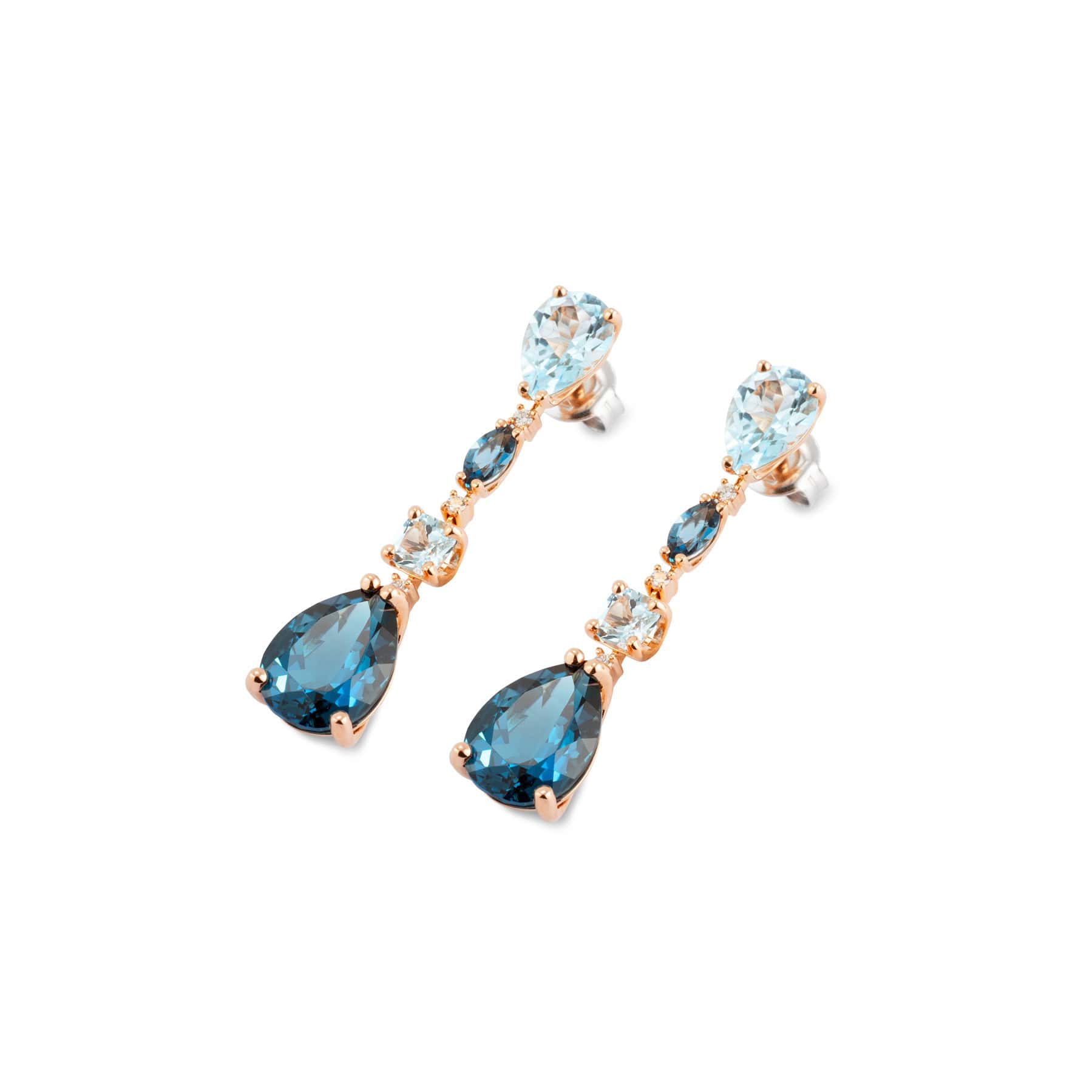 Iris Ohrschmuck aus 18 Karat Roségold mit London Topas, Sky Topas und Diamanten