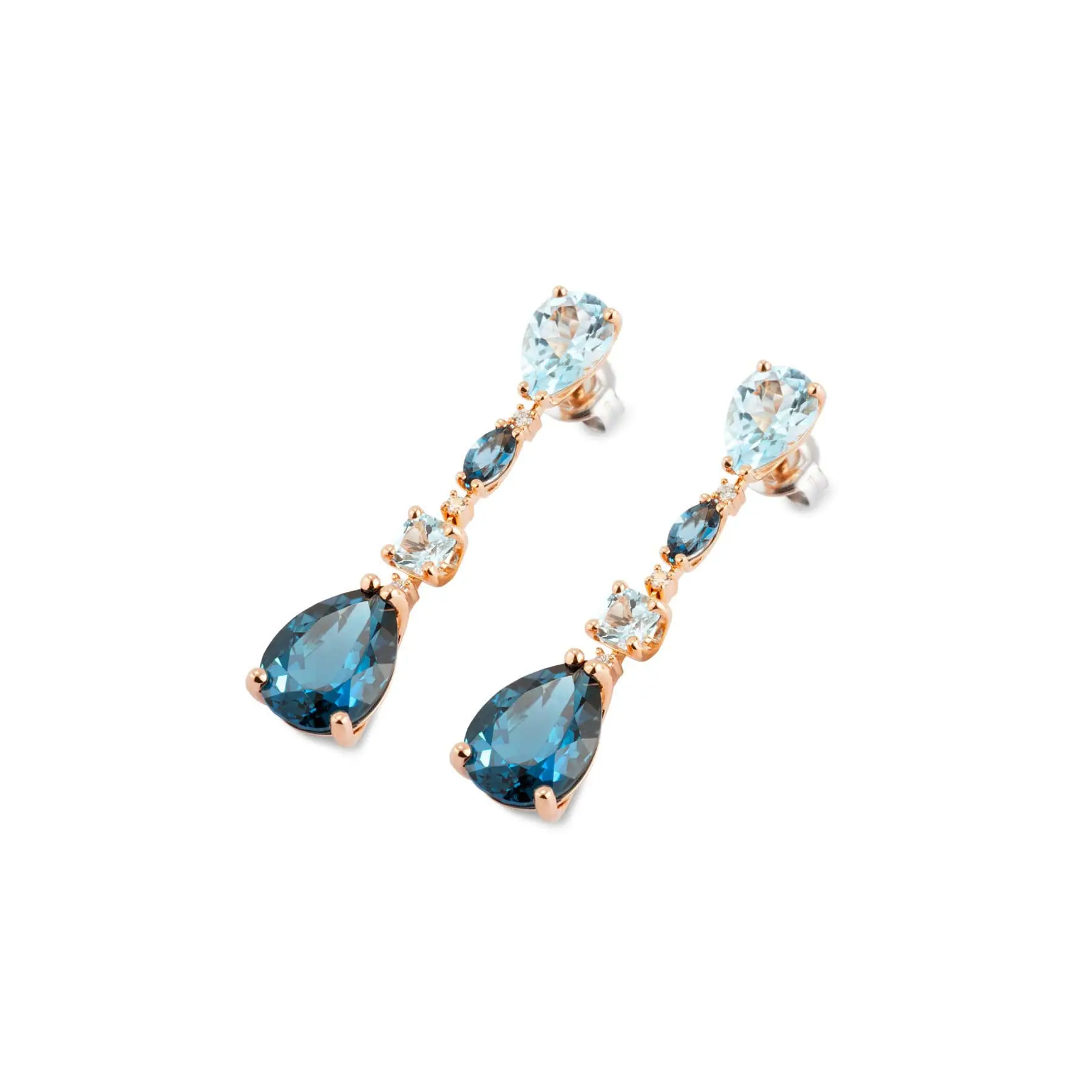 Iris Ohrschmuck aus 18 Karat Roségold mit London Topas, Sky Topas und Diamanten