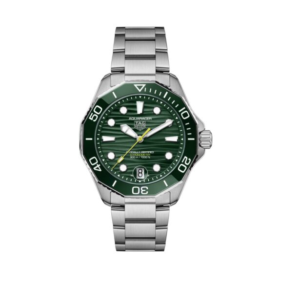 Tag Heuer Aquaracer Professional 300 Date mit Gehäuse und Band aus Edelstahl und grünem Zifferblatt