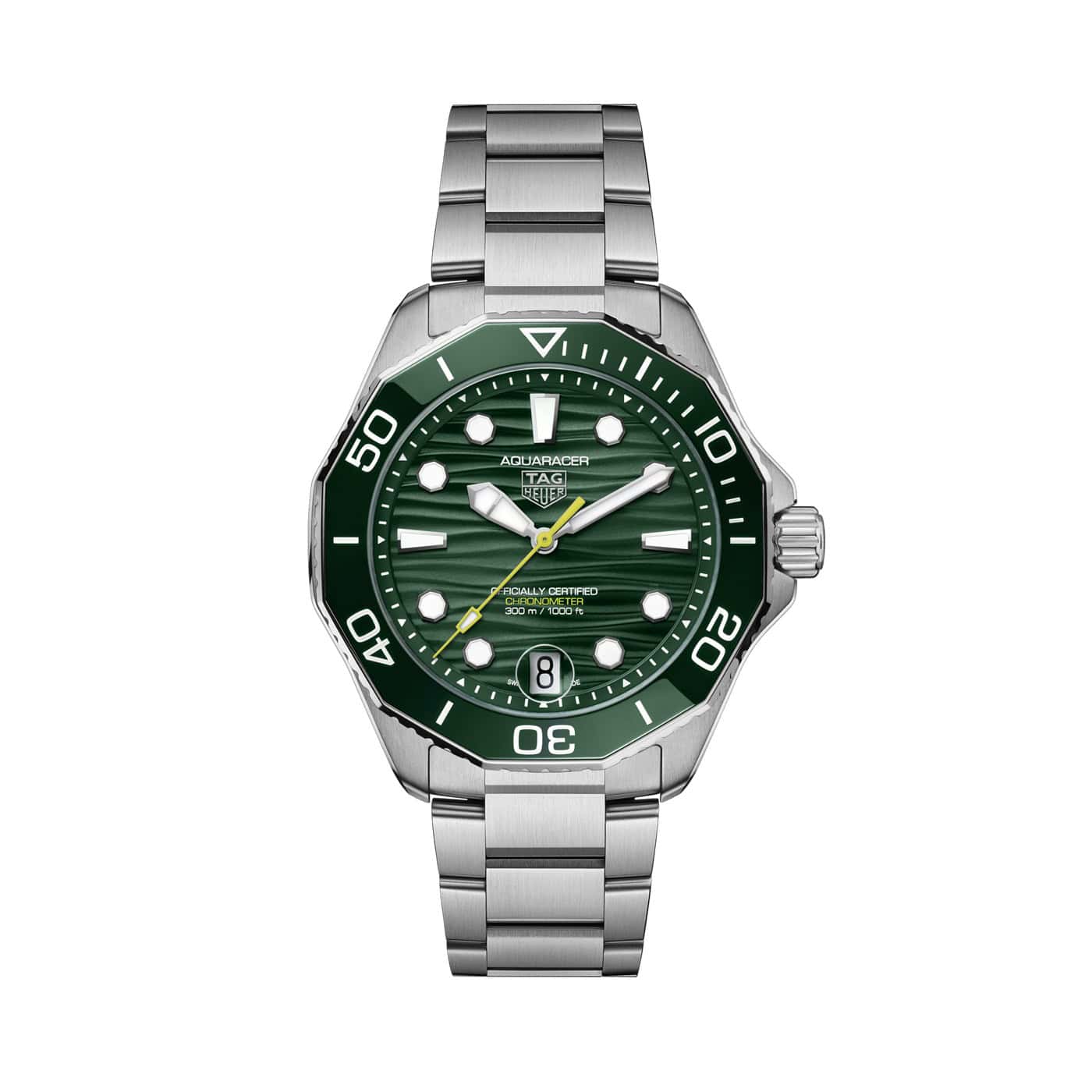 Tag Heuer Aquaracer Professional 300 Date mit Gehäuse und Band aus Edelstahl und grünem Zifferblatt