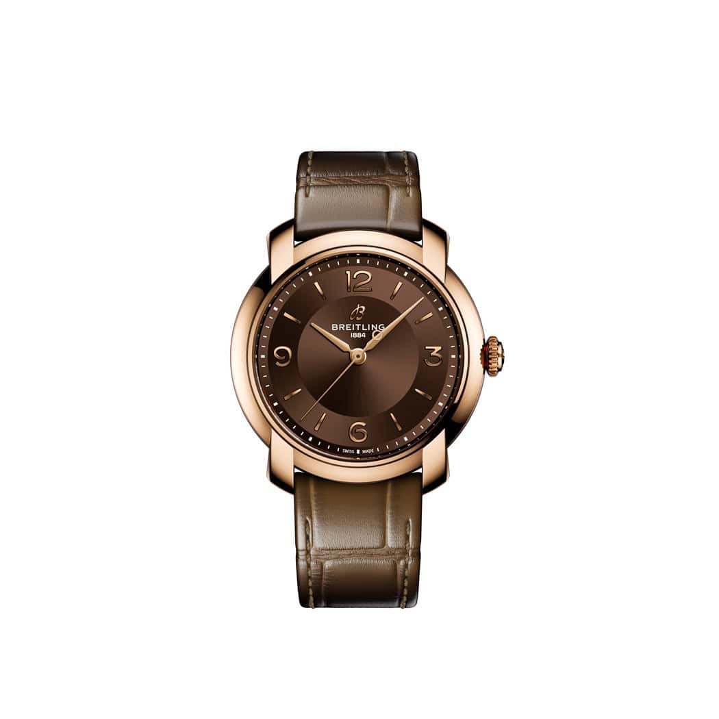 Breitling Lady Premier Automatic 36 mit Rotgoldgehäuse und Lederband und braunem Zifferblatt