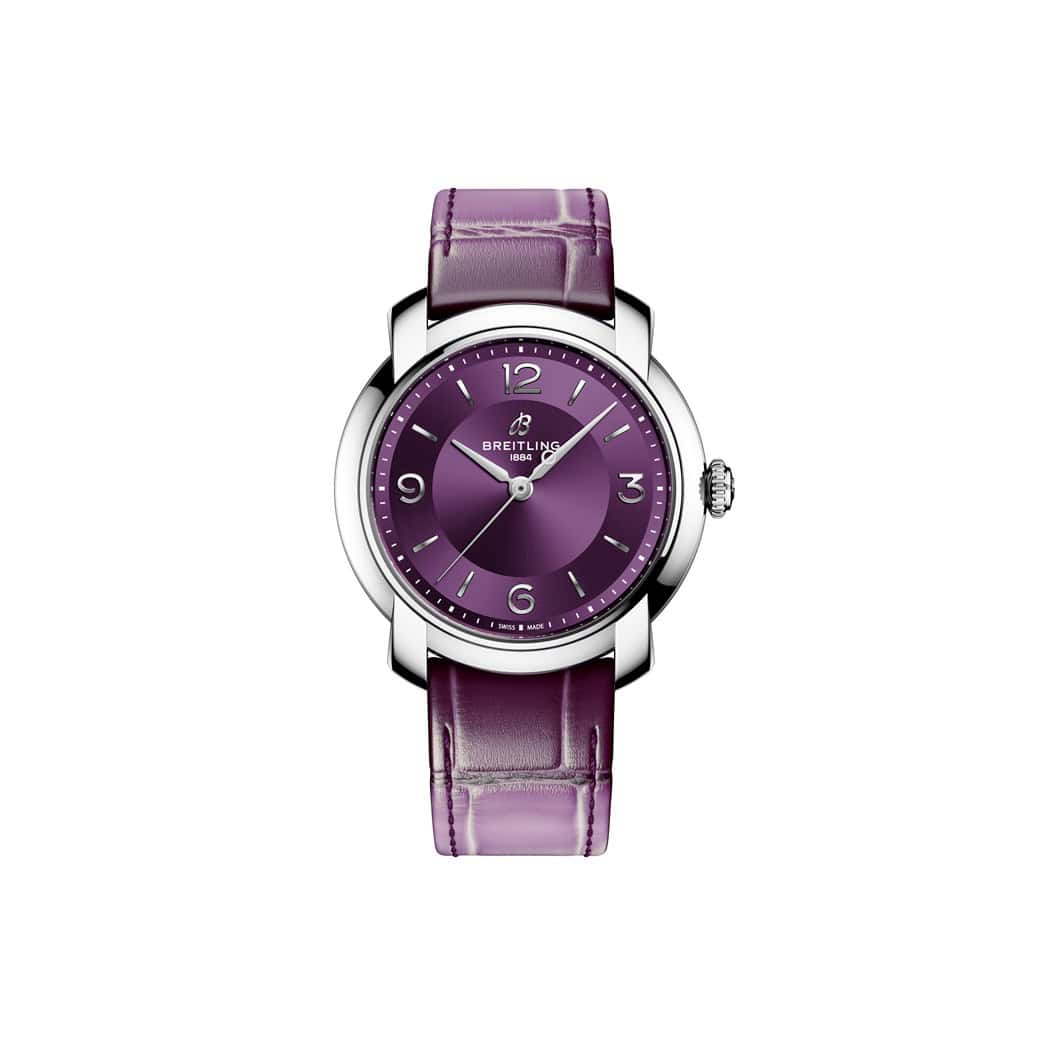 Breitling Lady Premier Automatic 36 mit Edelstahlgehäuse und Lederband und violettem Zifferblatt