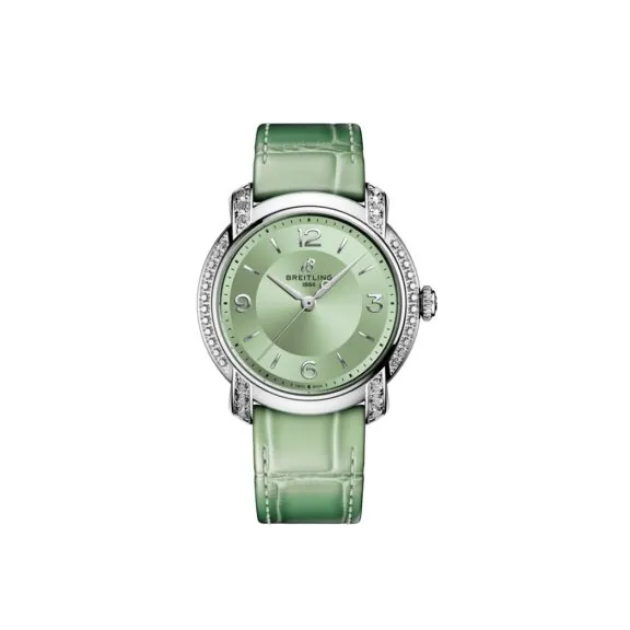 Breitling Lady Premier Automatic 36 mit Edelstahlgehäuse und Lederband mit mintgrünem Zifferblatt und Diamantbesatz