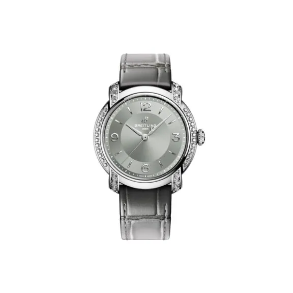 Breitling Lady Premier Automatic 36 mit Edelstahlgehäuse und Lederband mit grauem Zifferblatt und Diamantbesatz