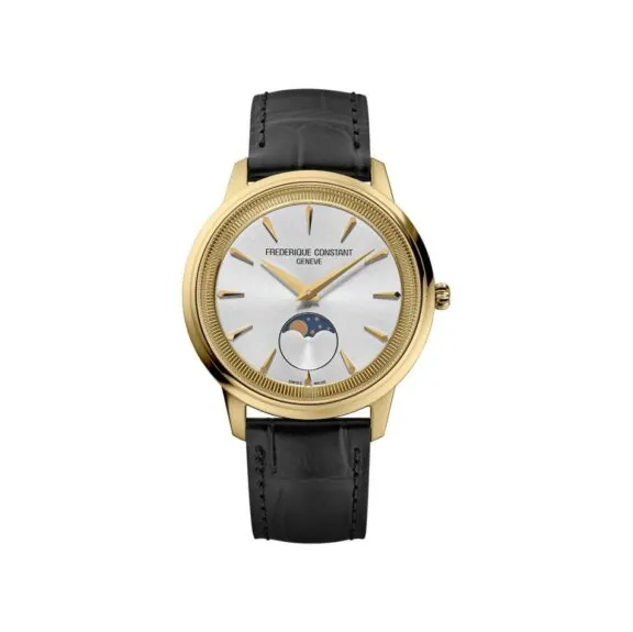 Frederique Constant Classics Moneta Moonphase mit vergoldetem Edelstahlgehäuse, Lederband und silbernem Zifferblatt