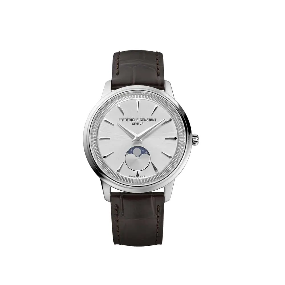 Frederique Constant Classics Moneta Moonphase mit Edelstahlgehäuse, Lederband und silbernem Zifferblatt