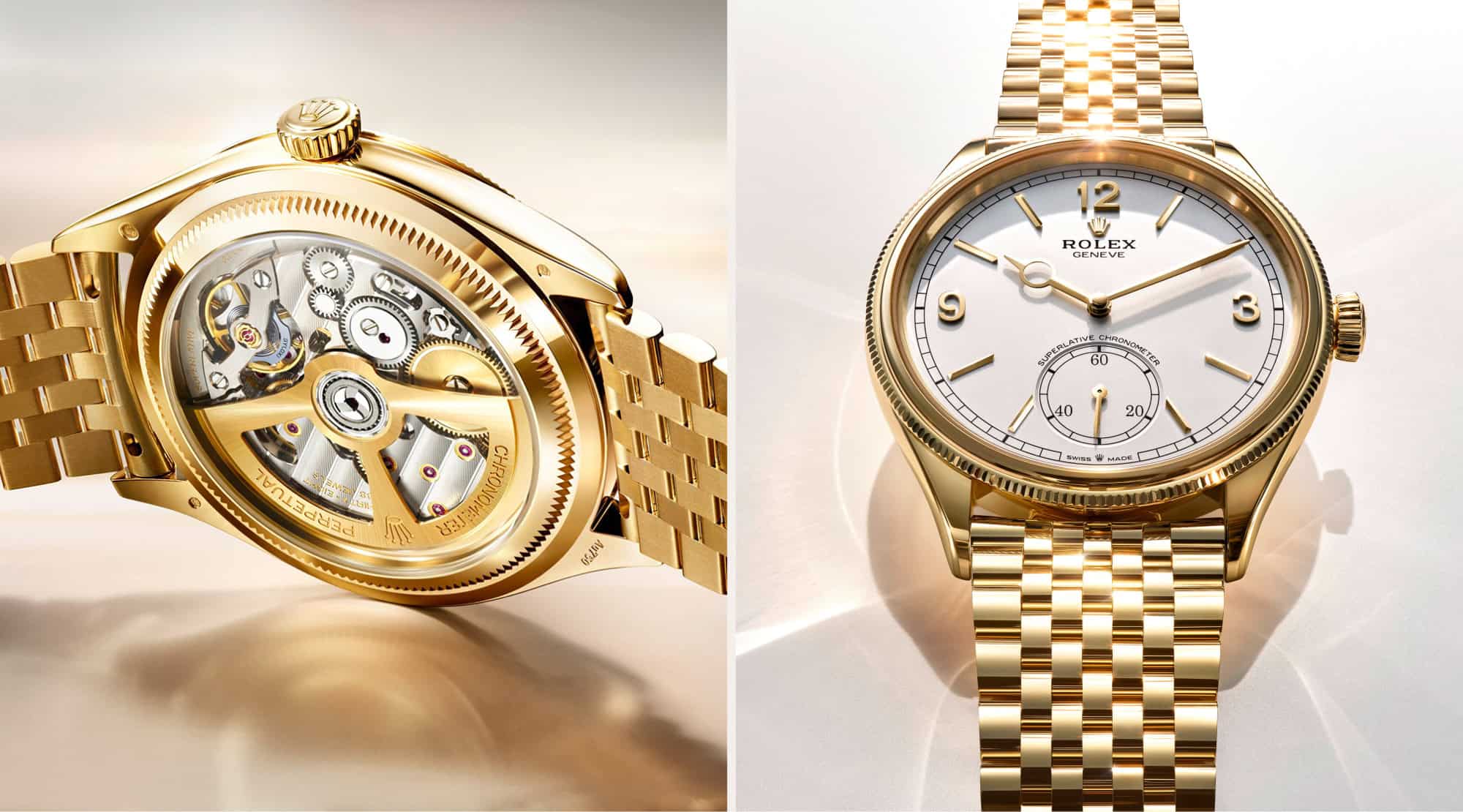 Die Rolex 1908 in 18 Karat Gelbgold und ihr Gehäuseboden aus Saphirglas