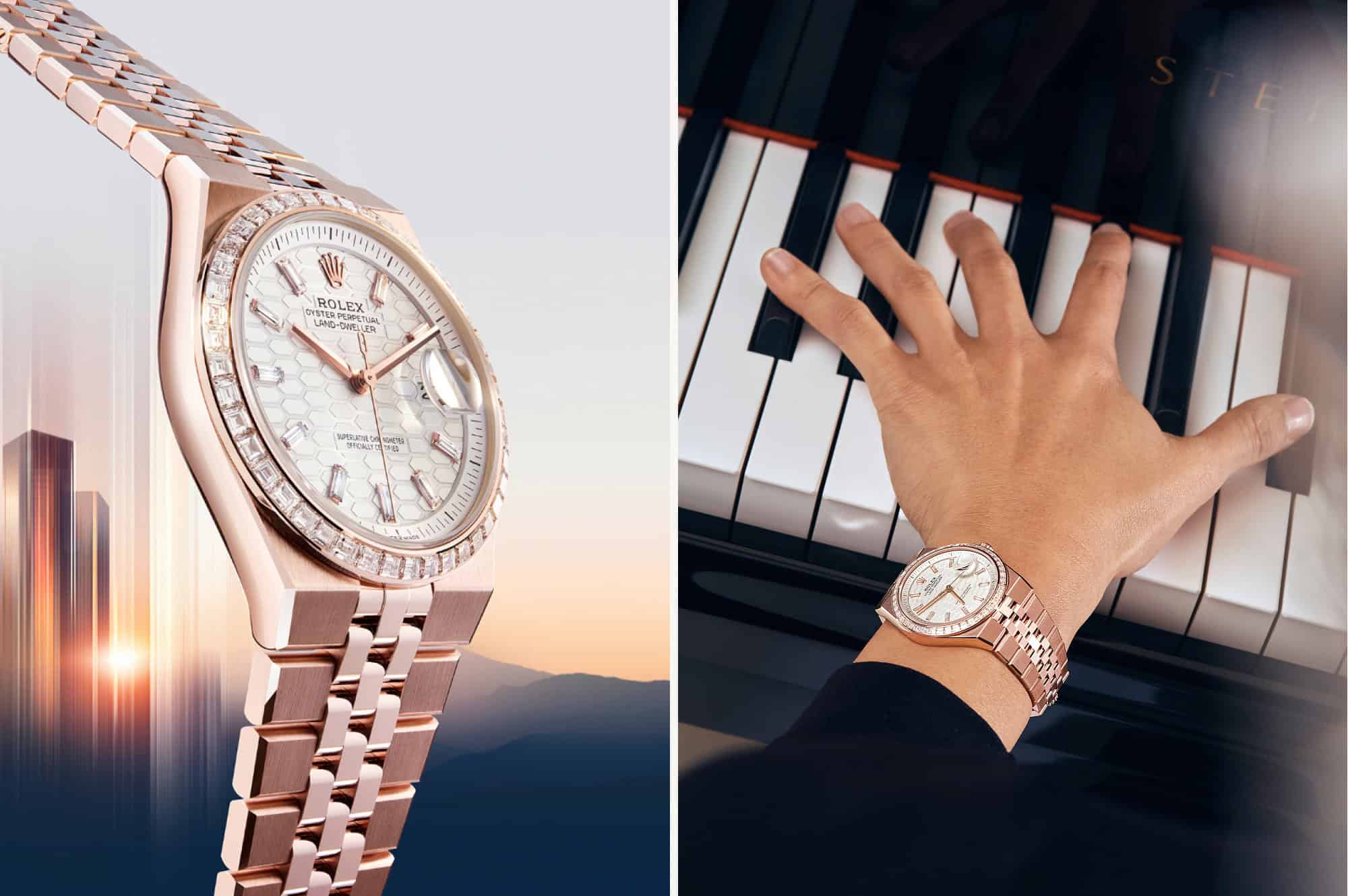 Die Rolex Land-Dweller in Everose-Gold am Handgelenk der Pianistin Yuja Wang Ywang