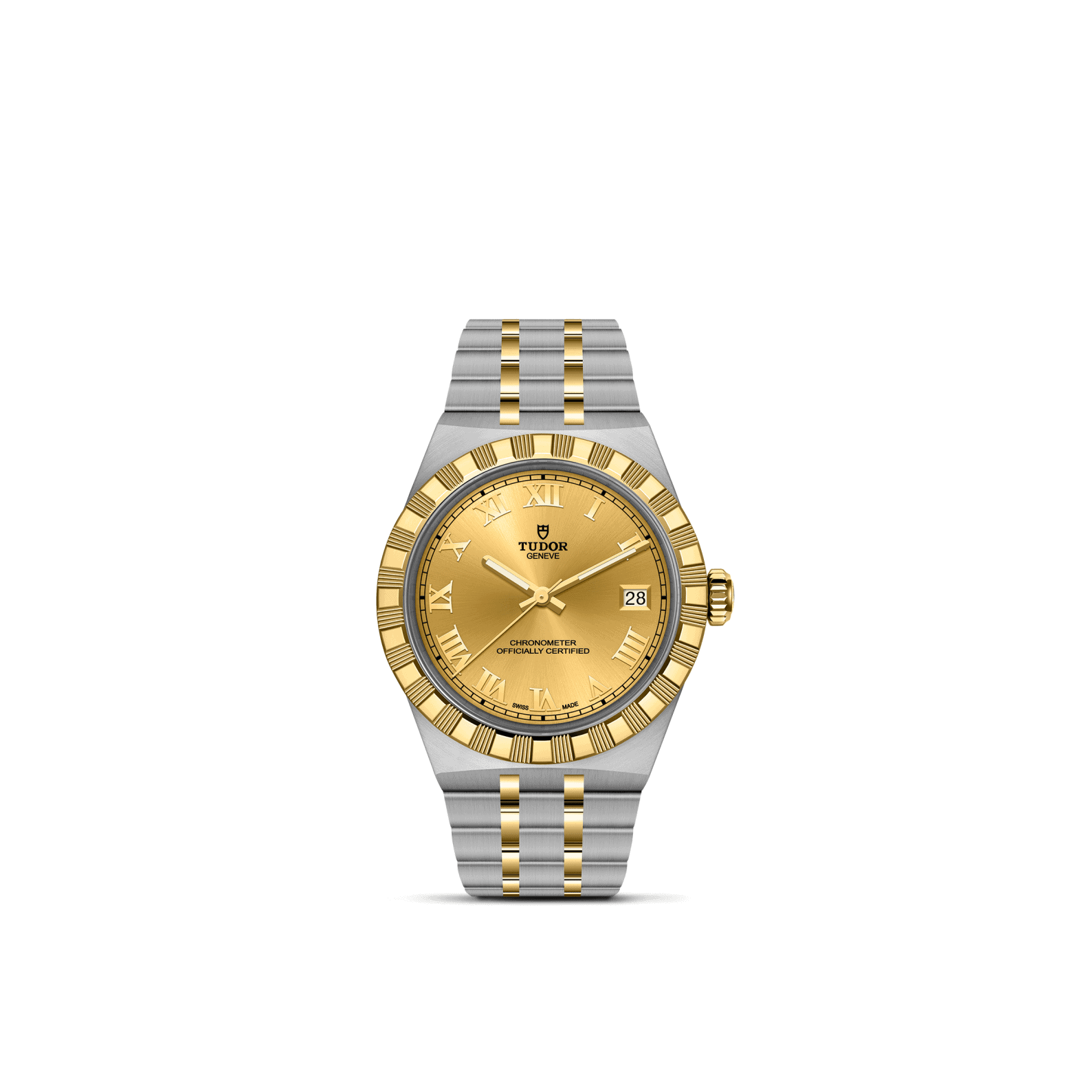 Tudor Royal mit Gehäuse und Band aus Edelstahl und Gelbgold und champagnerfarbenem Zifferblatt und 36 Millimeter Durchmesser