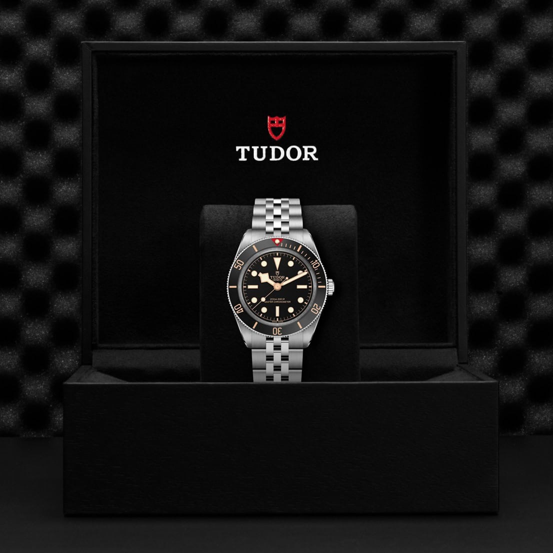 Tudor Black Bay 58 mit Gehäuse und Band aus Edelstahl und schwarzem Zifferblatt in der Box